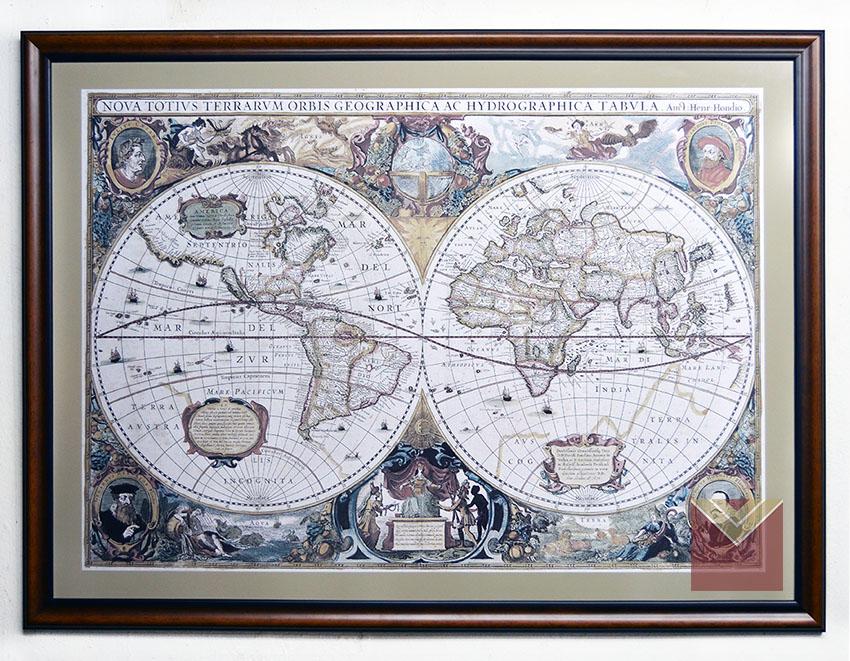 Enmarcado mapamundi antiguo 110 x 80 cm, varilla roble lustrado, vidrio antirreflex 